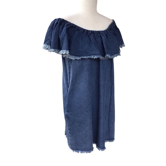 Umgee Blue Denim Fringed Ruffle Off Shoulder Dress Women’s Size Medium - Picture 8 of 10